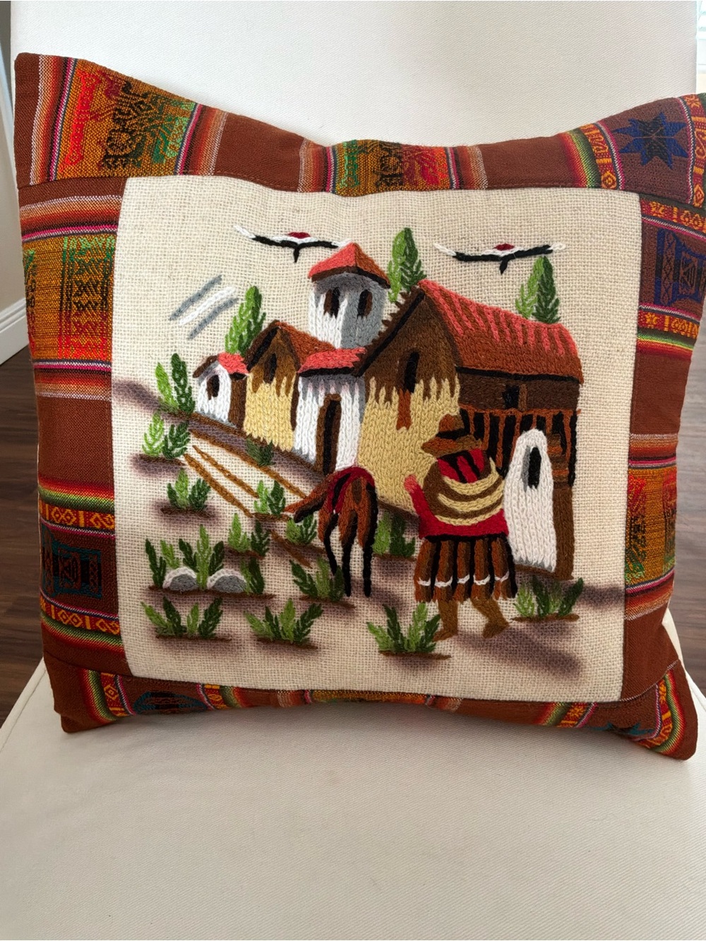 Handcrafted Brown Village Embroidered Decorative Pillow